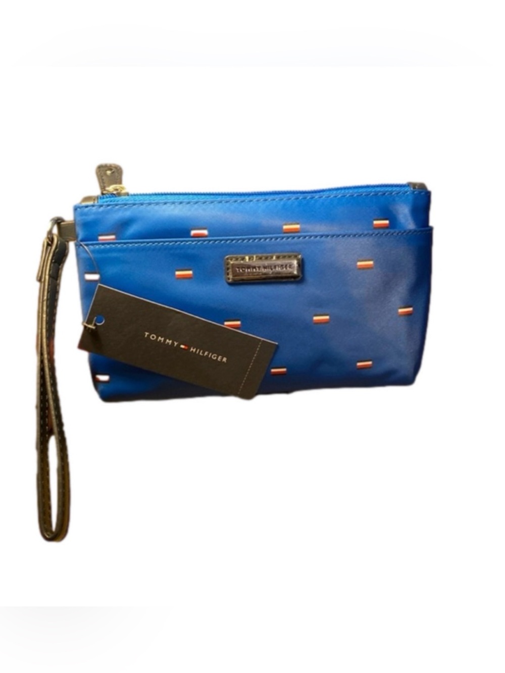 Tommy Hilfiger Blue Nylon Wristlet Clutch Zip Pouch Logo Print NWT